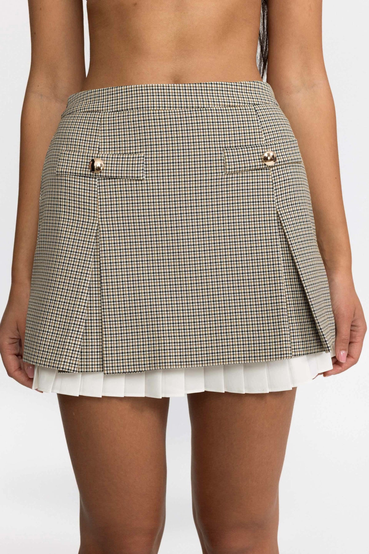 Houndstooth Bomber Jacket and Pleated Mini Skirt Set - Beige