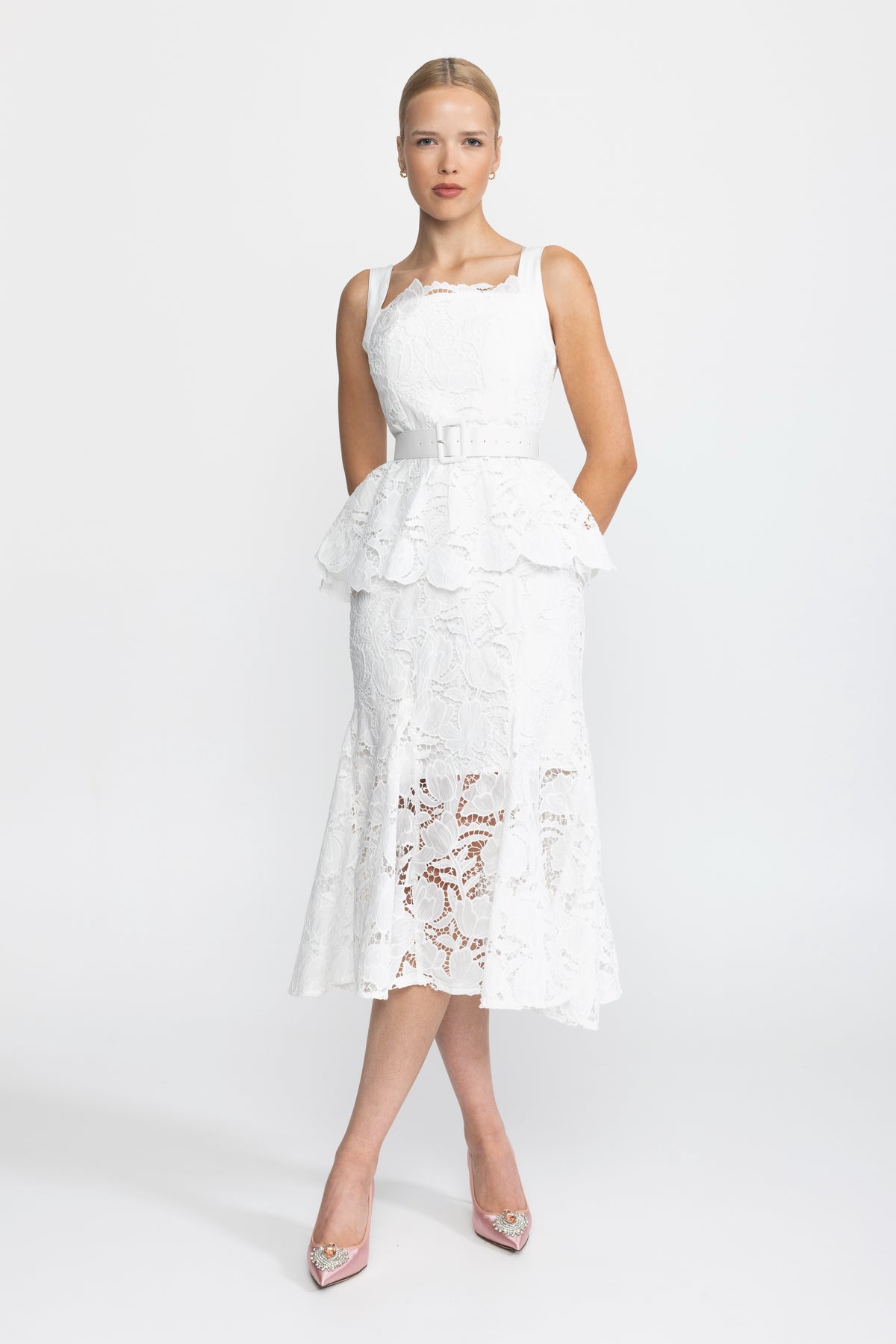 Robe midi à basque en guipure - blanc 