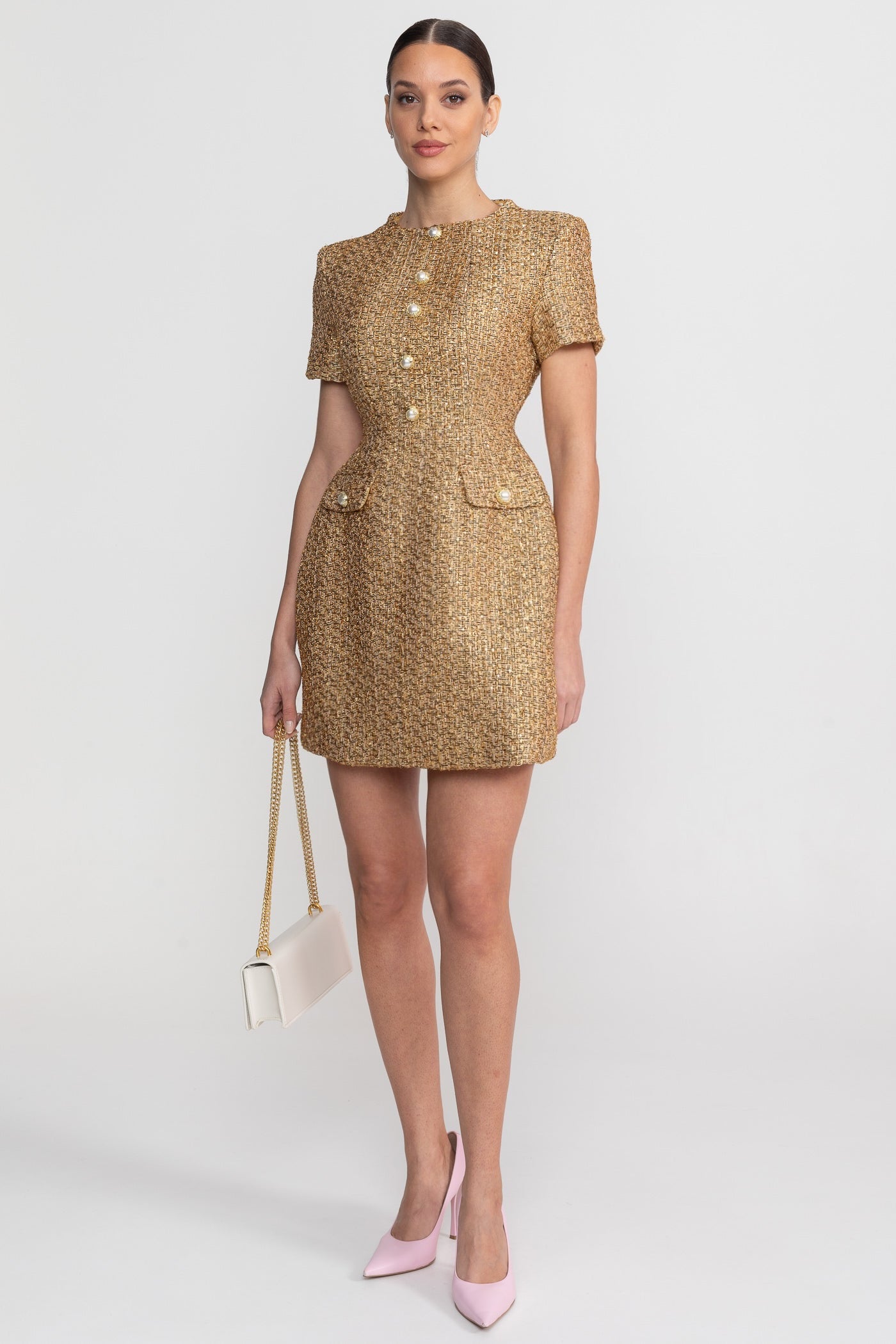 Tweed Mini Dress With Round Neckline And Pearl Button Detail - Gold