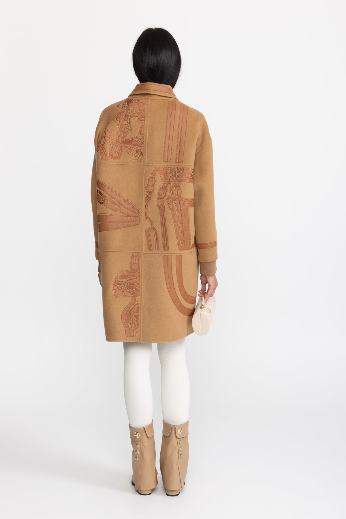 Equestrian Applique Embroidered Wool Zip Coat - Camel