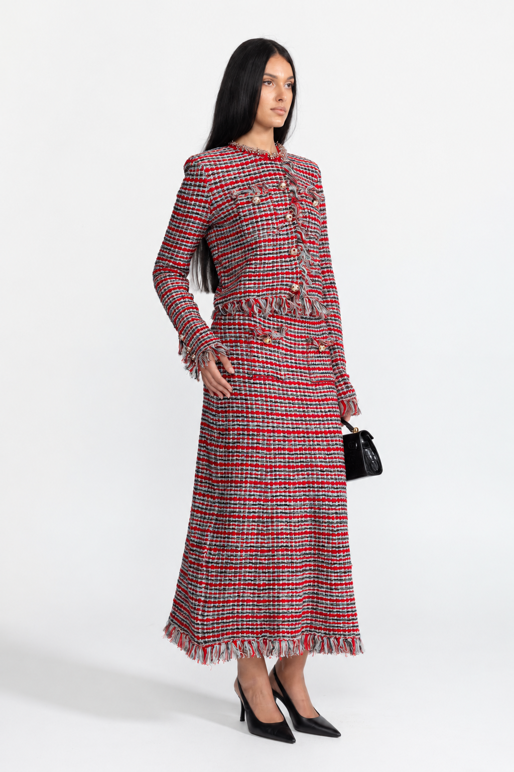 Ensemble veste en tweed à franges et jupe midi coordonnée - rouge multicolore 