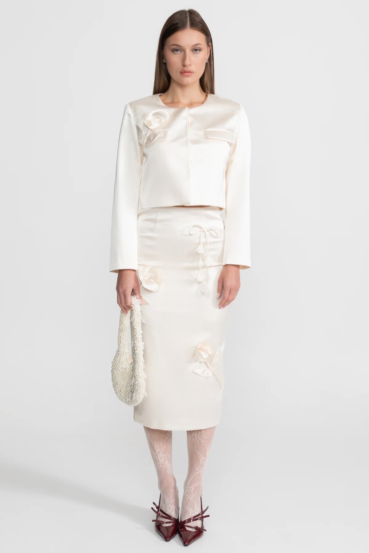 Jupe crayon en taffetas avec nœud et détails floraux - Ivoire 