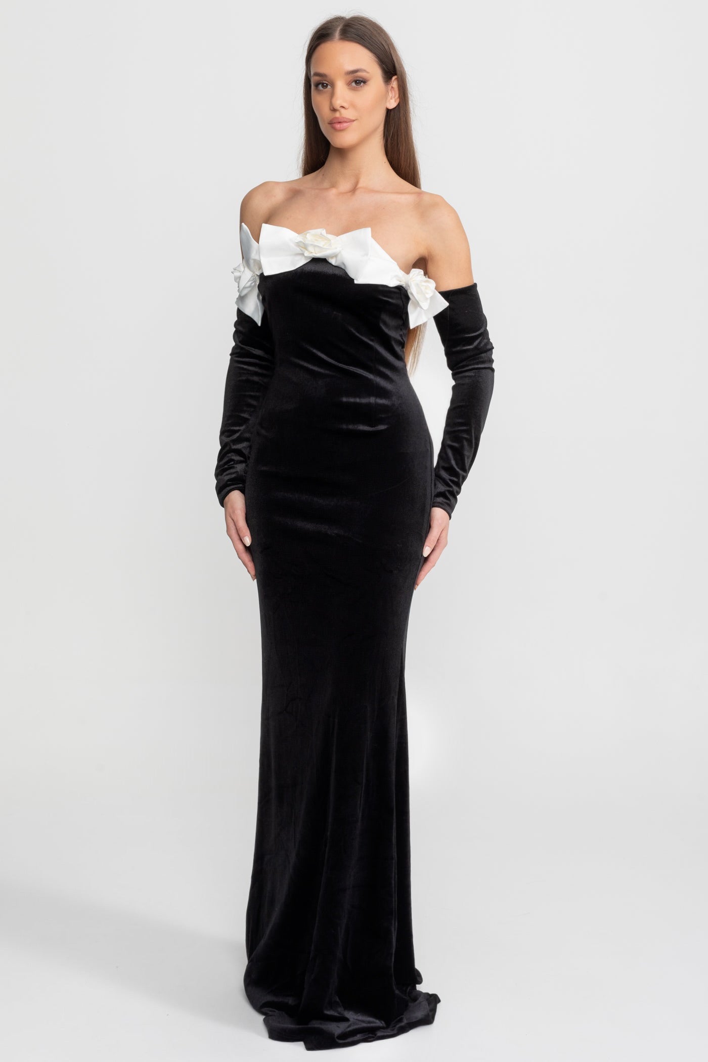 Velvet Strapless Maxi Dress with Floral Bow Appliqué – Black