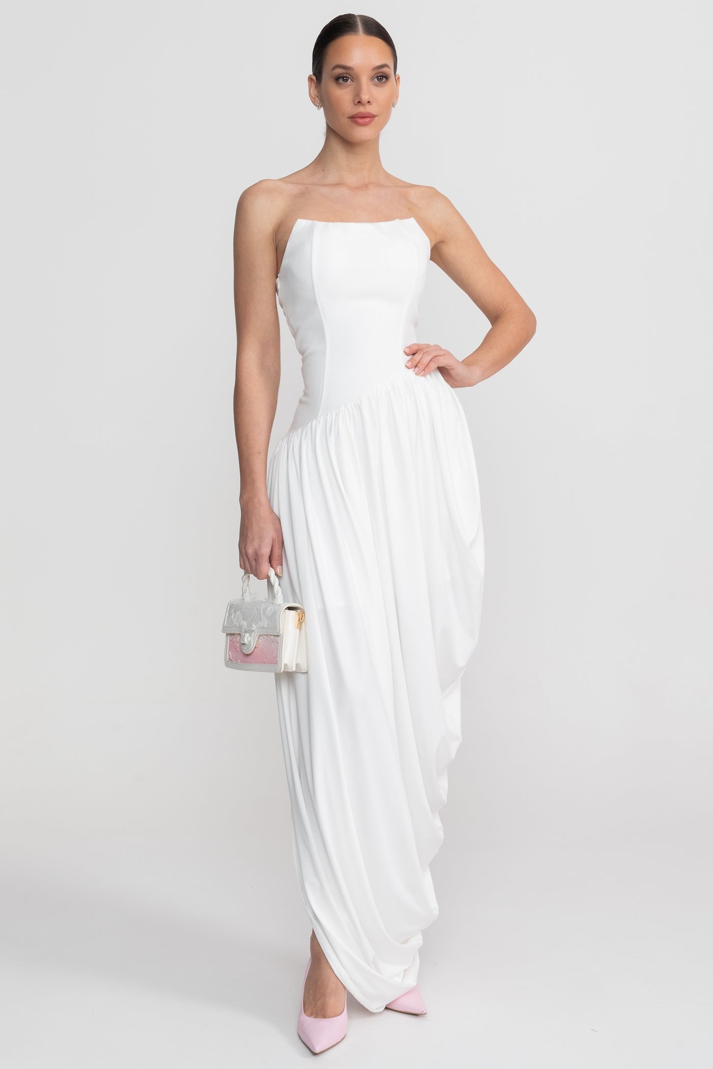 Robe longue bustier avec jupe drapée asymétrique - Blanc 