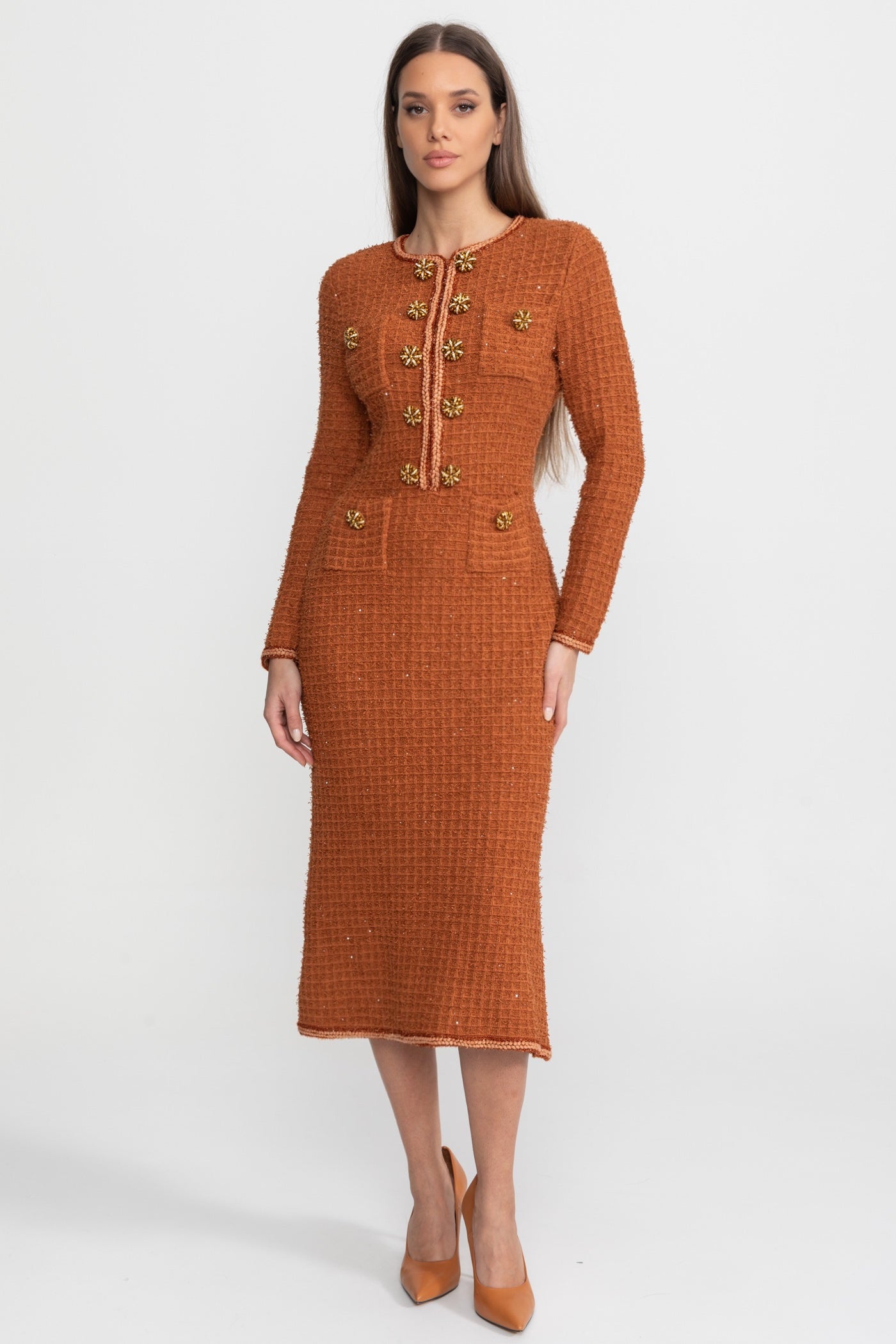 Textured Tweed Midi Dress with Crystal Button Detail – Rust