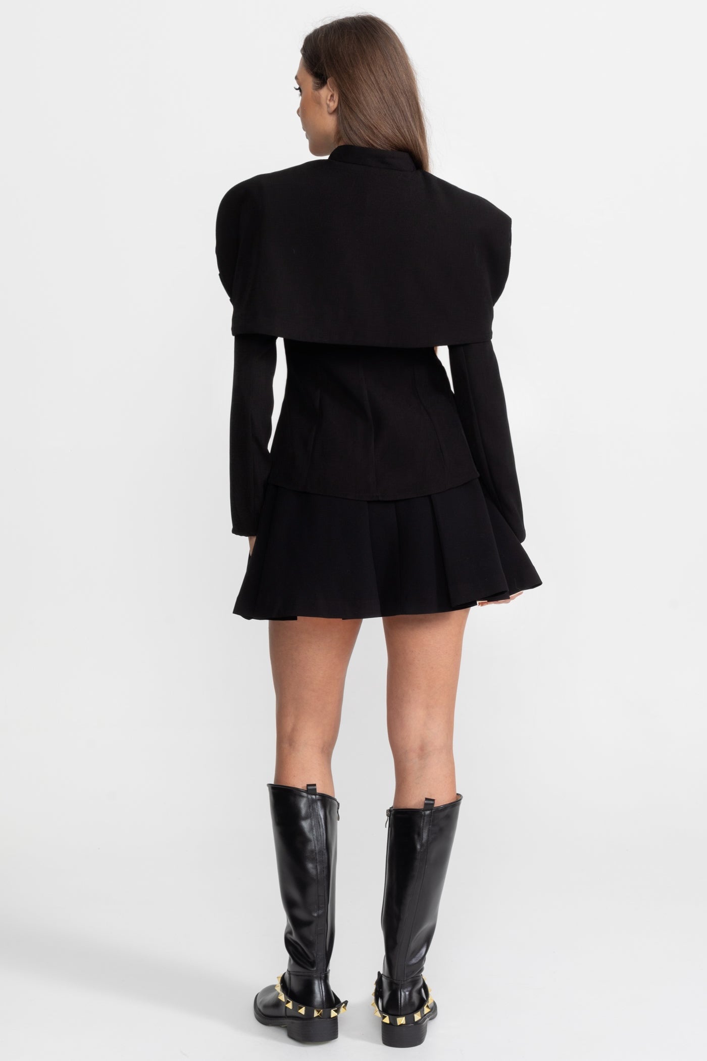 Tailored Blazer with Sculptural Cape Overlay and Gold Buttons – Black