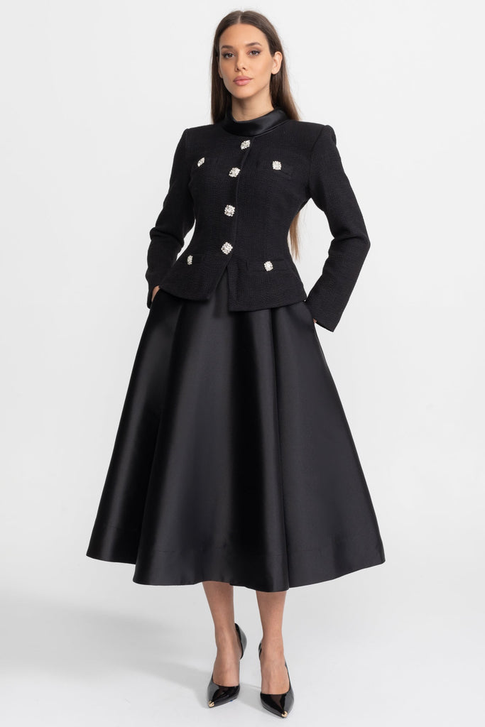 Robe Midi Structurée avec Surcouche Veste Ornée – Noir 