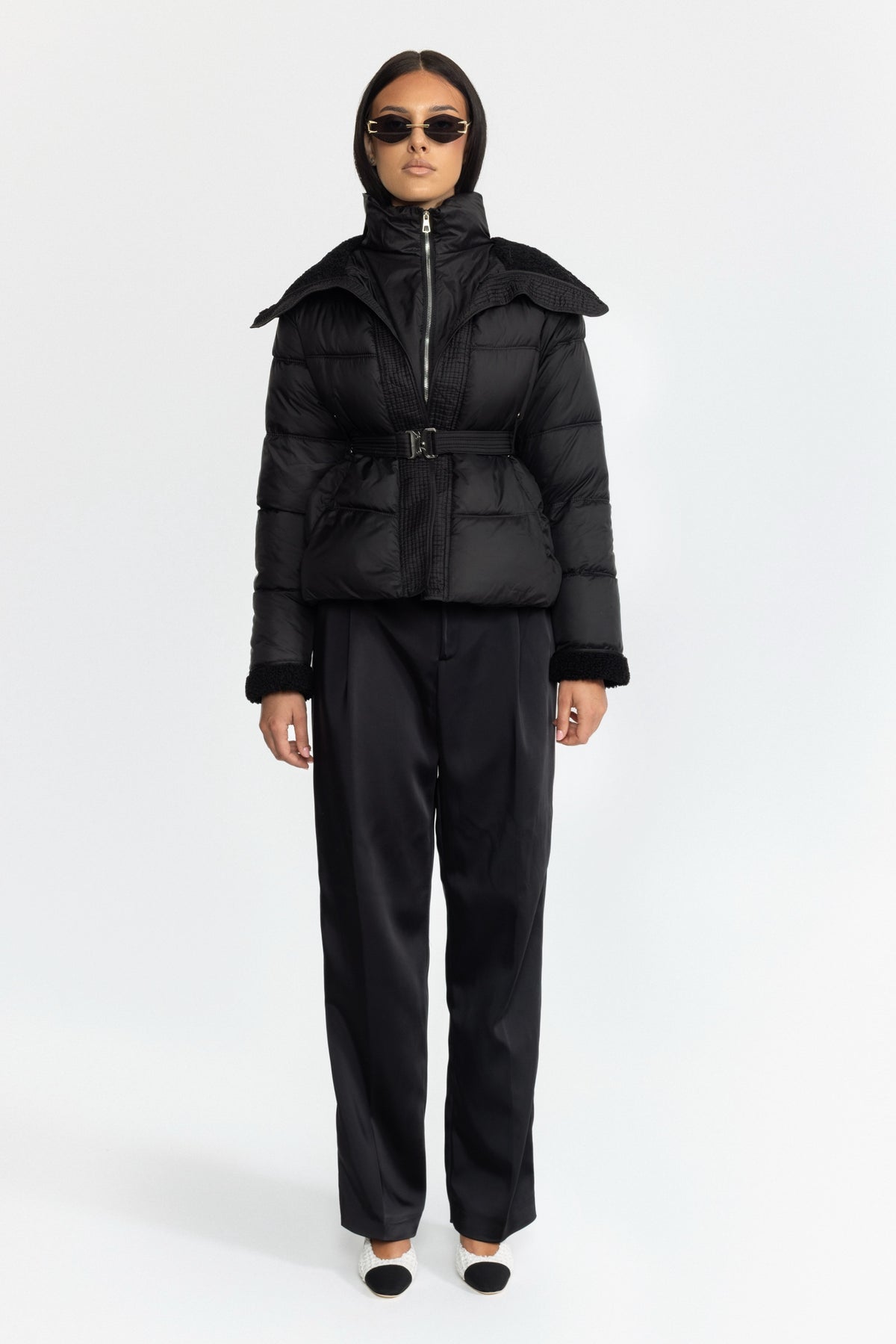 Belted Puffer Jacket with Teddy Collar - Black