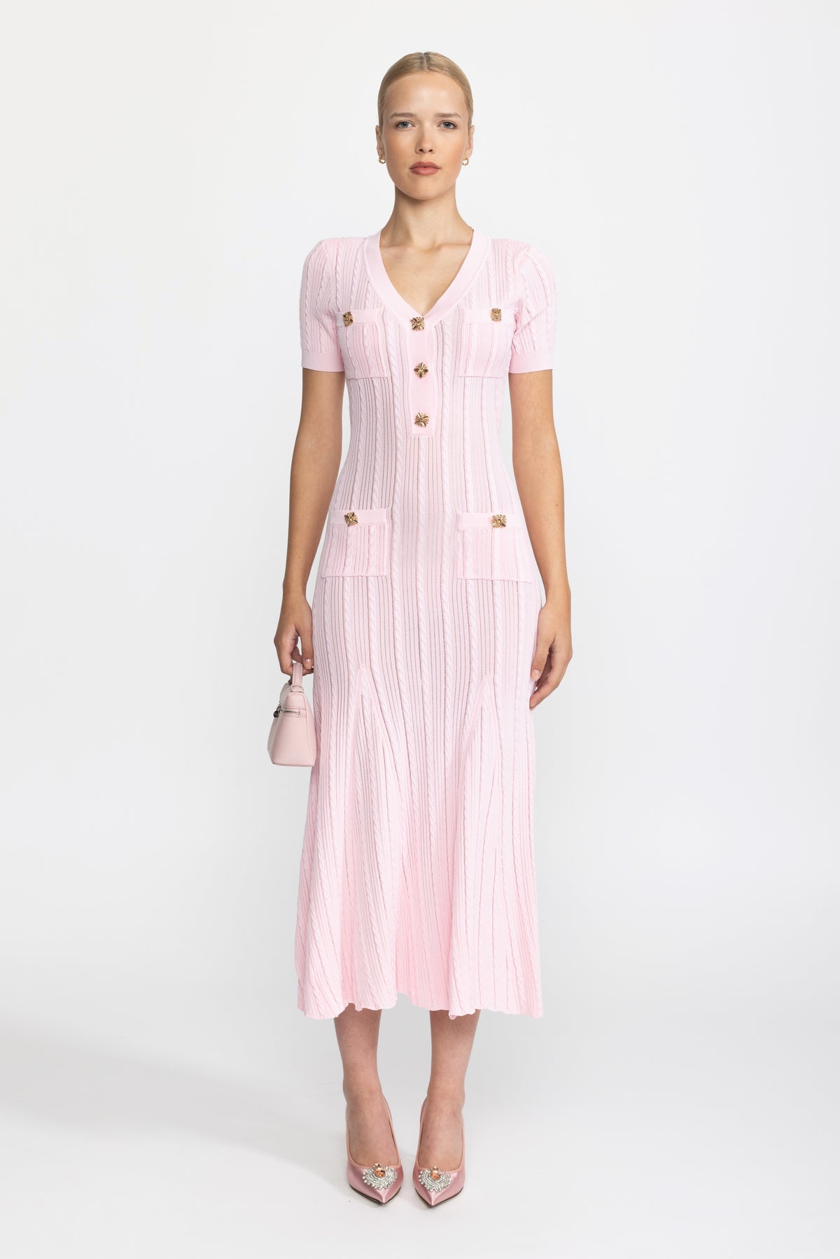 Robe midi en maille torsadée à boutons bijoux - rose 