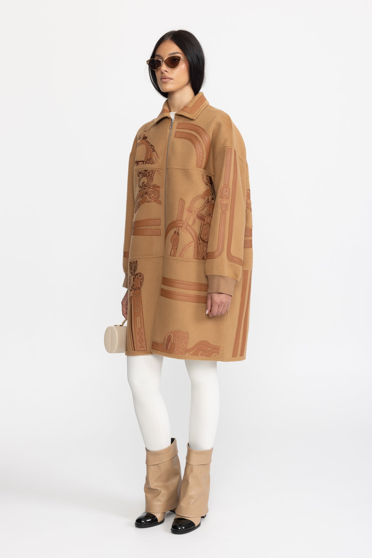 Equestrian Applique Embroidered Wool Zip Coat - Camel