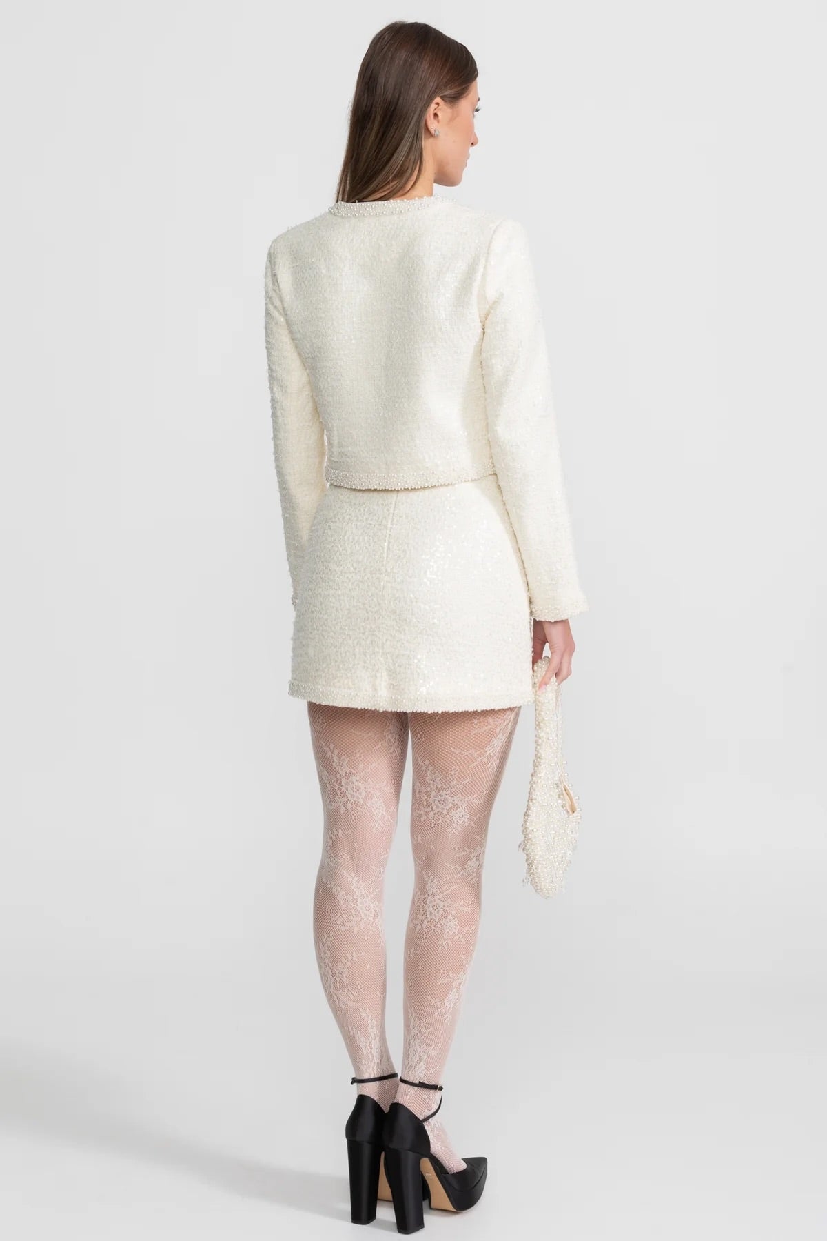 Jupe mini en tweed avec bordure perlée et ourlet - Ivoire 