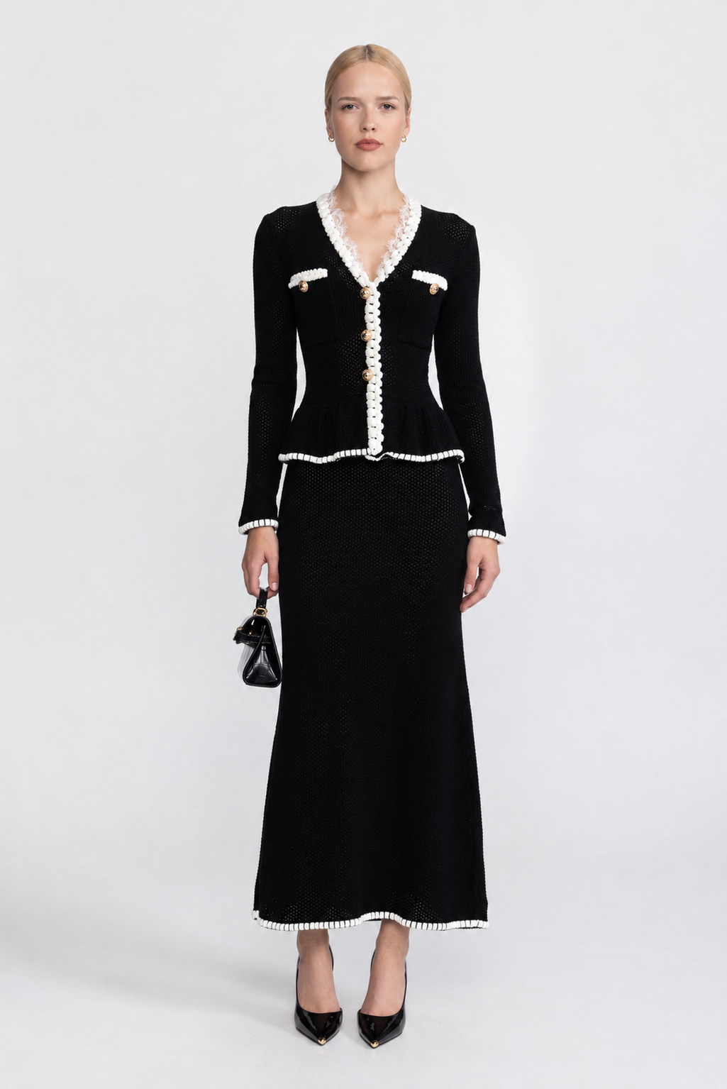 Robe longue à basque en maille crochetée bordée de dentelle - Noir 