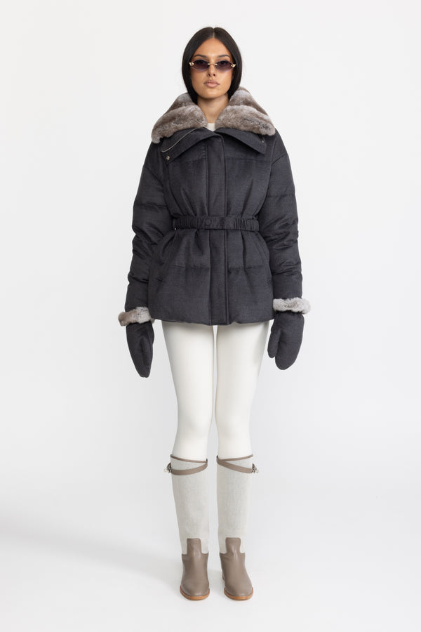 Doudoune en coton-soie avec col en fourrure de lapin Rex - Anthracite 