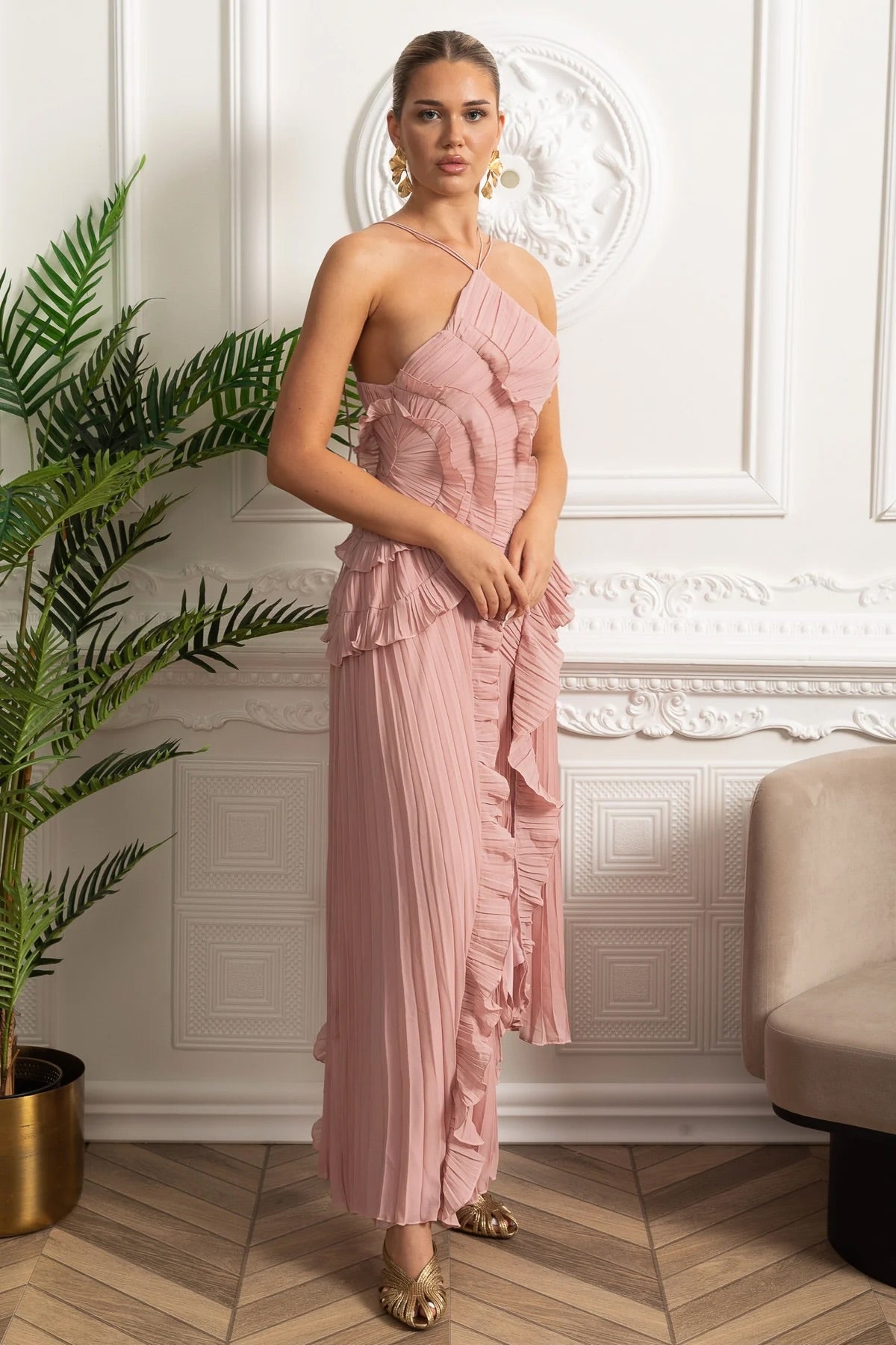Robe midi plissée à col halter avec détails de volants en cascade - Rose 