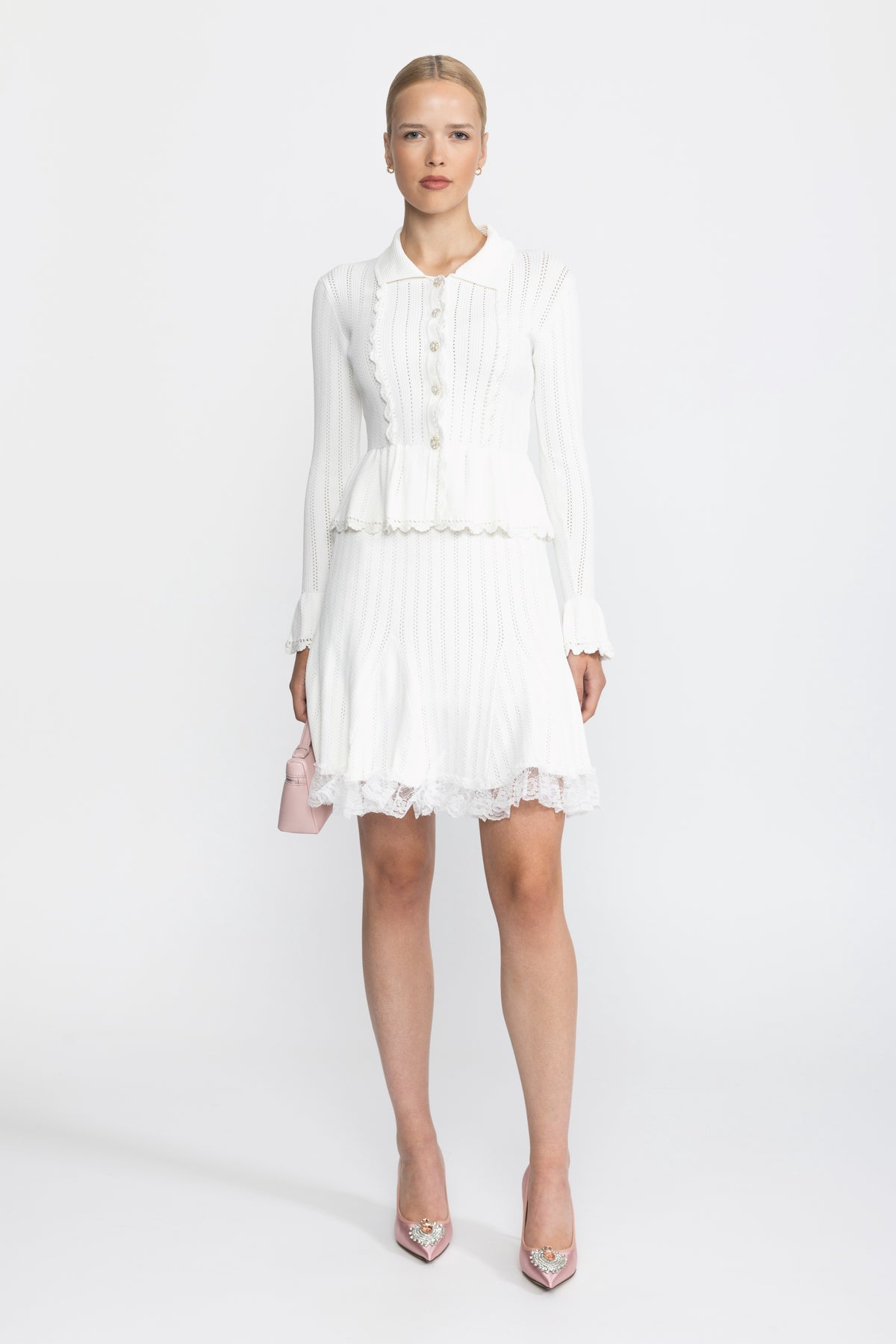 Ensemble coordonné cardigan péplum en maille pointelle et jupe à ourlet en dentelle - Blanc 
