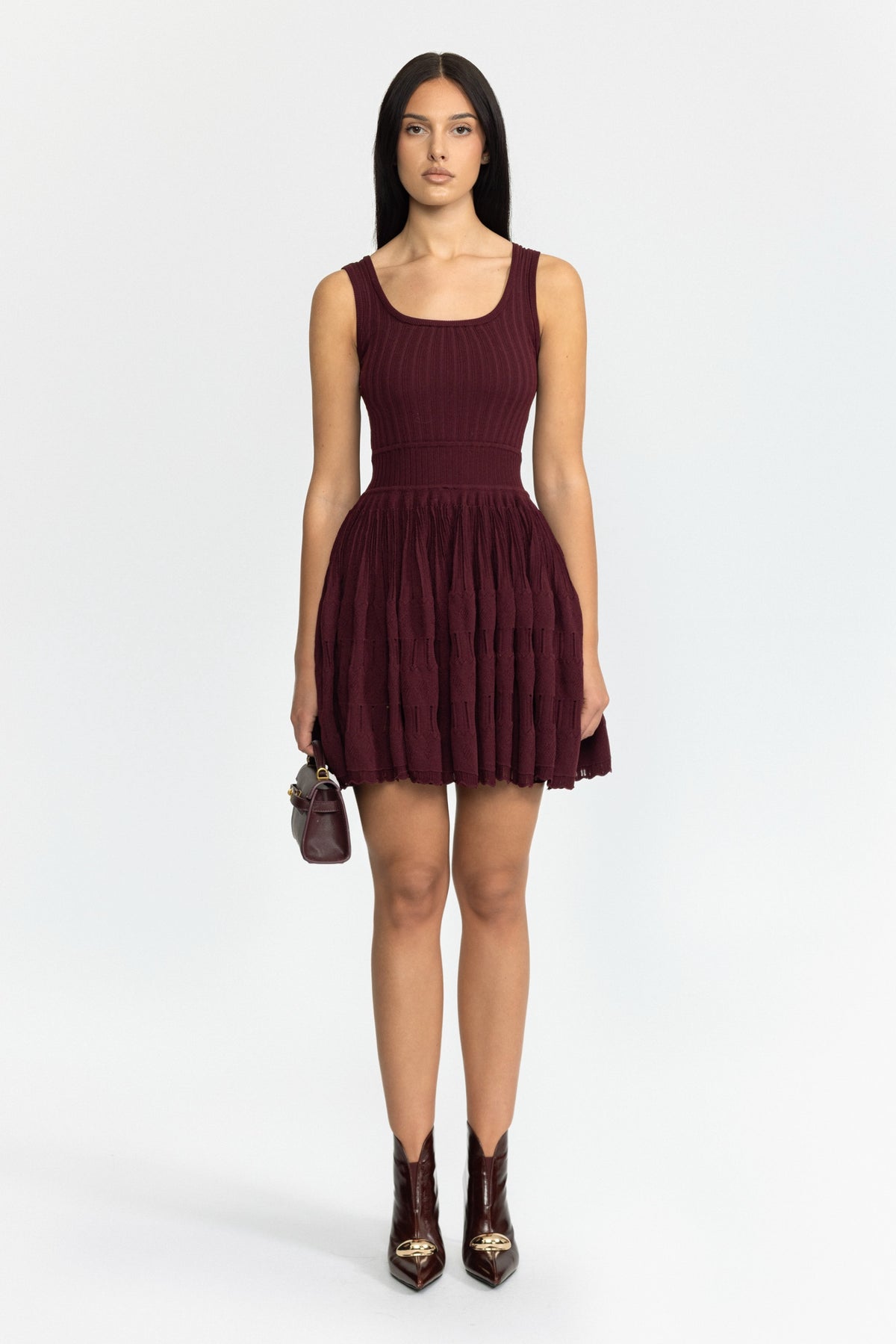 Robe mini patineuse en maille pointelle - bordeaux 