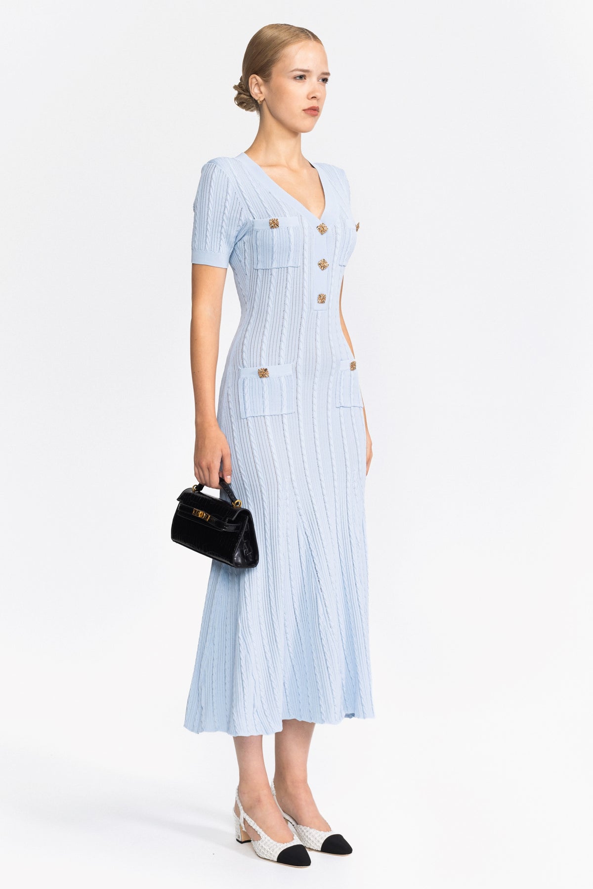 Cable Knit Jewel-Button Midi Dress - Light Blue