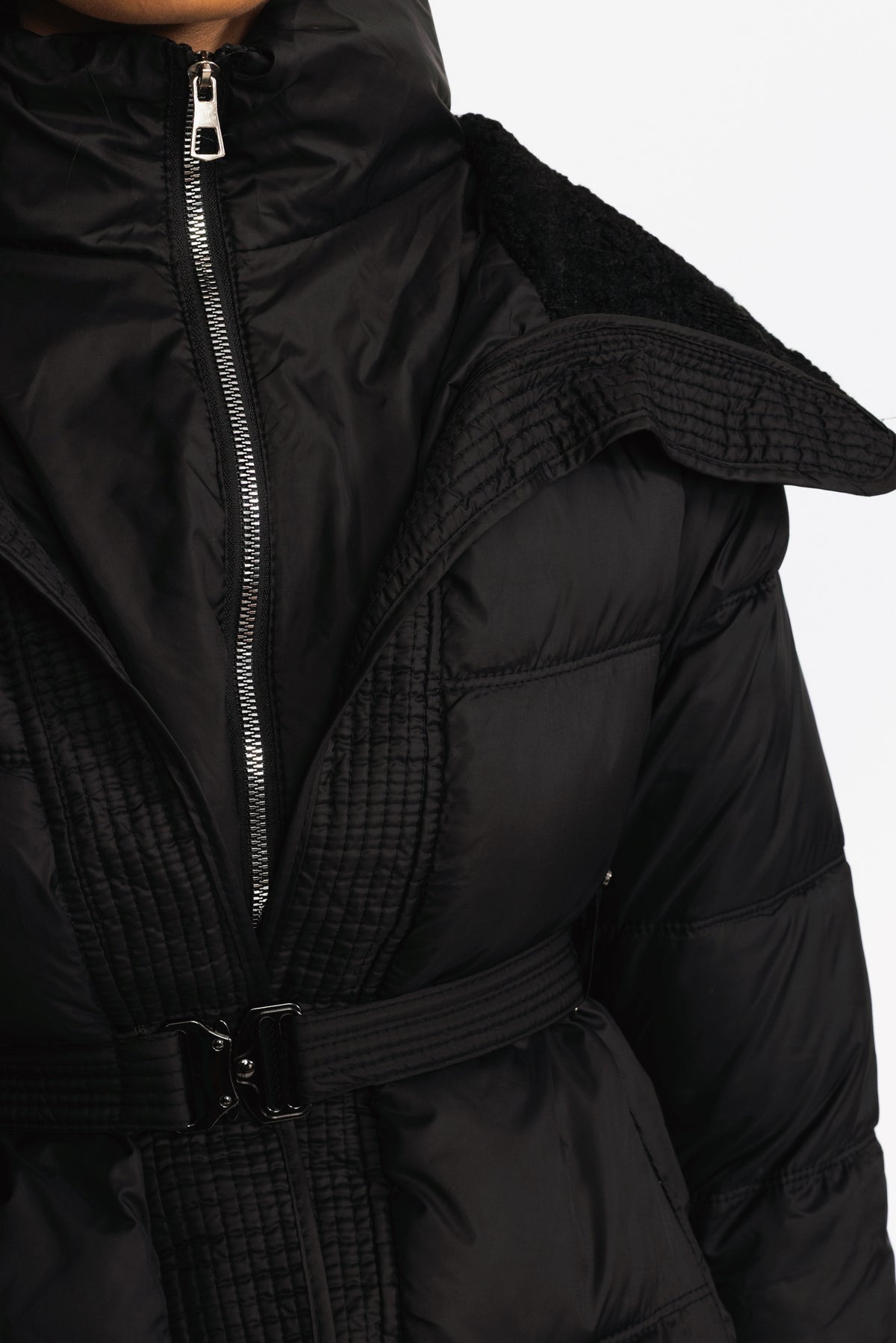 Belted Puffer Jacket with Teddy Collar - Black