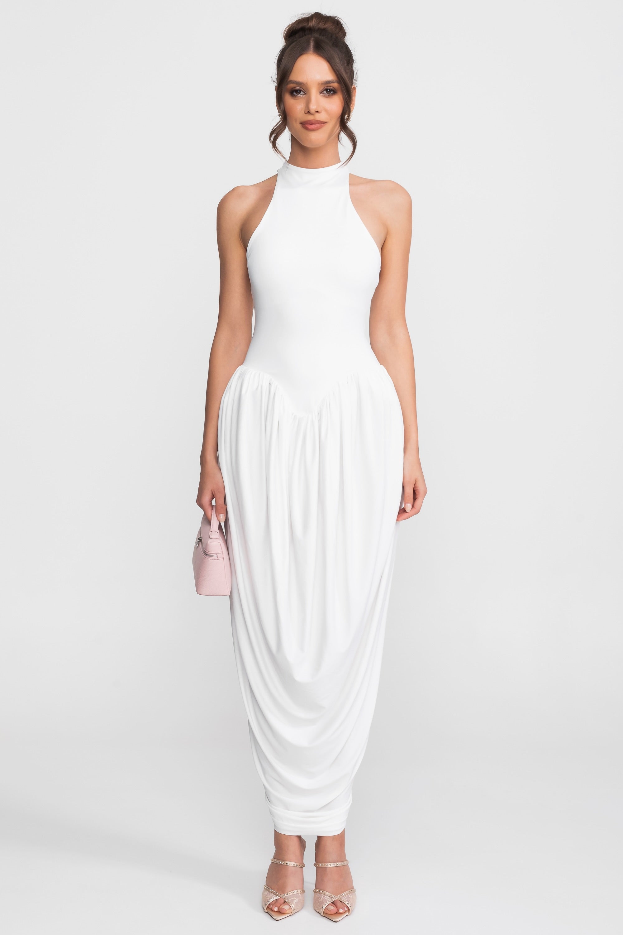 Robe longue à col halter avec jupe ballon froncée - Blanc 