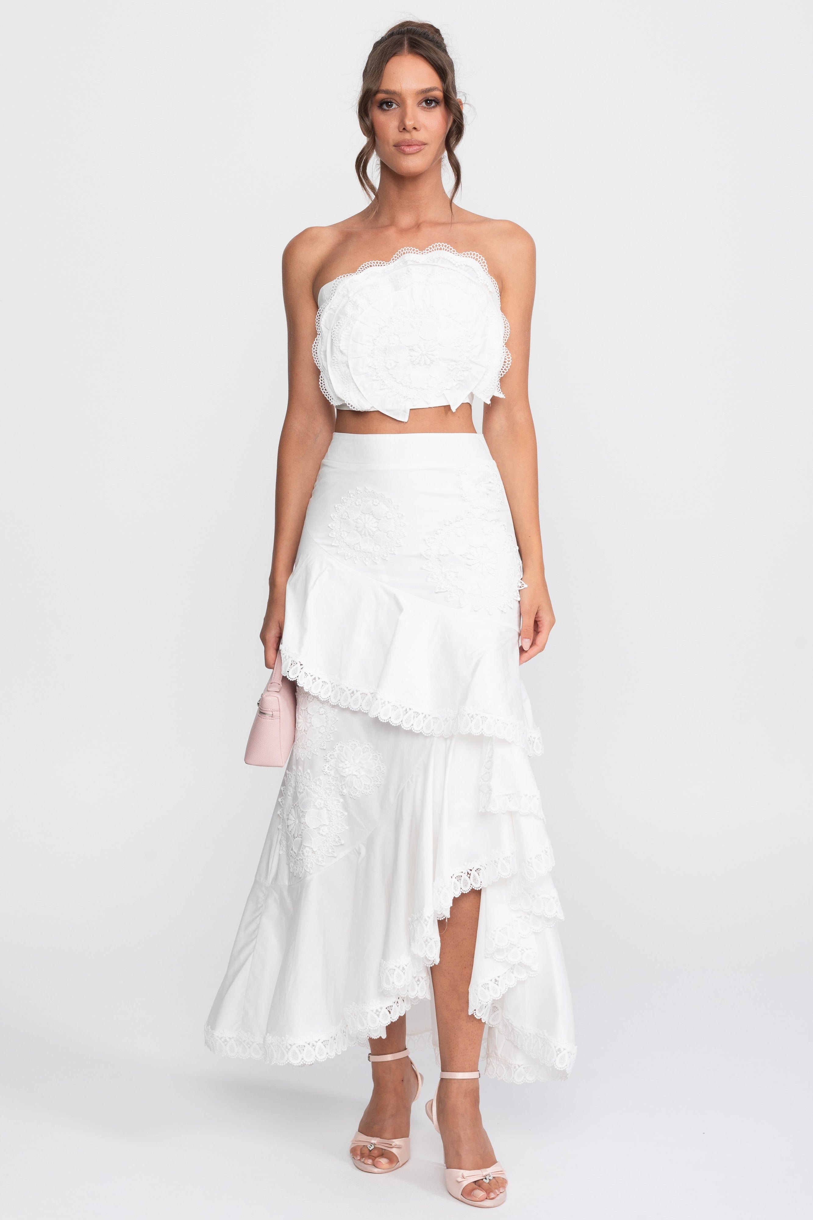 Ensemble deux pièces en crochet à motif médaillon avec jupe maxi à volants - Blanc 