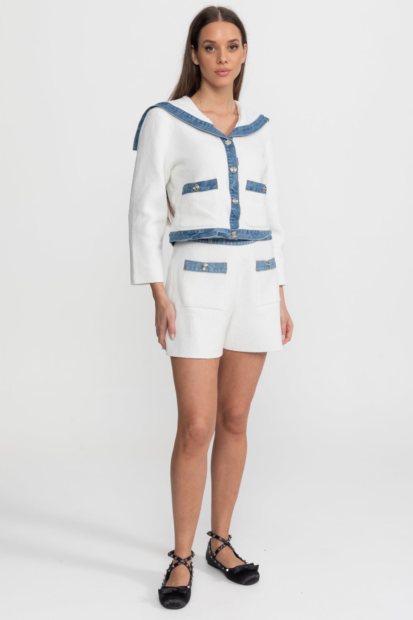 Ensemble coordonné en maille texturée avec bordure en denim – Blanc & Bleu 