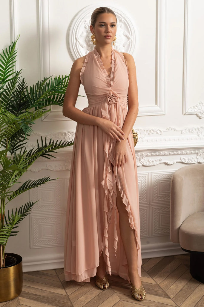 Robe longue à volants avec col licou et détail noué en rosette - Rose 