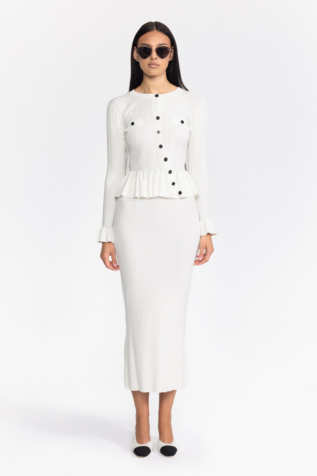 Ensemble cardigan péplum en maille côtelée et jupe midi - Blanc 