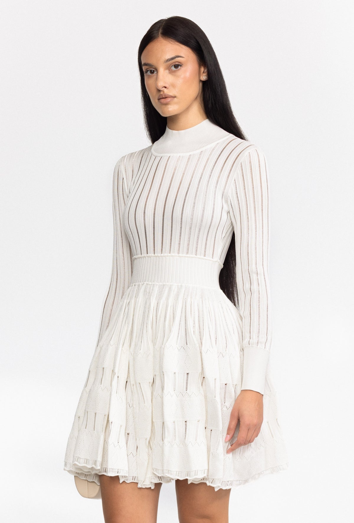 Robe patineuse mini à manches longues en maille ajourée effet ladder - blanc 