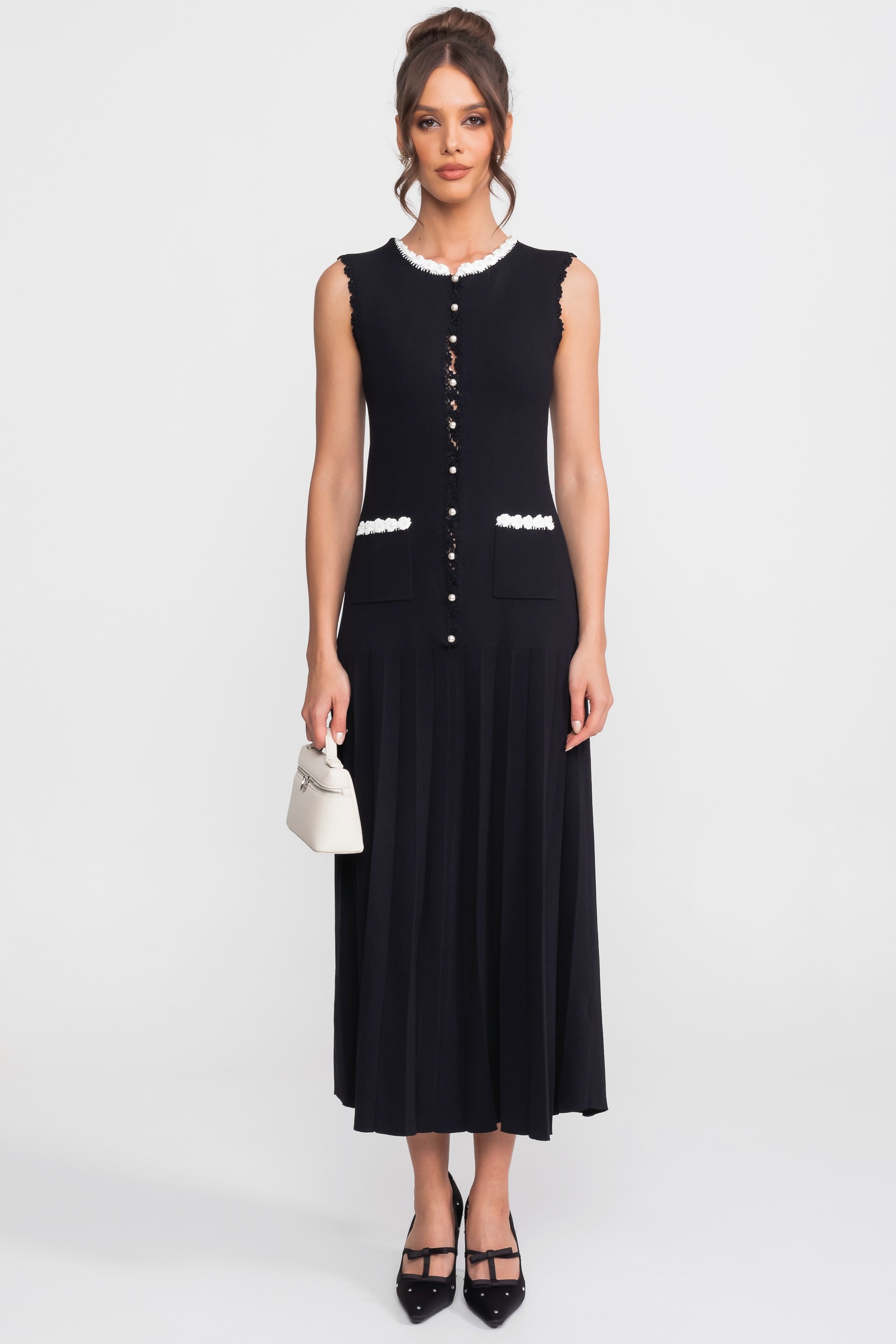 Robe midi sans manches avec détails en perles - Noir 