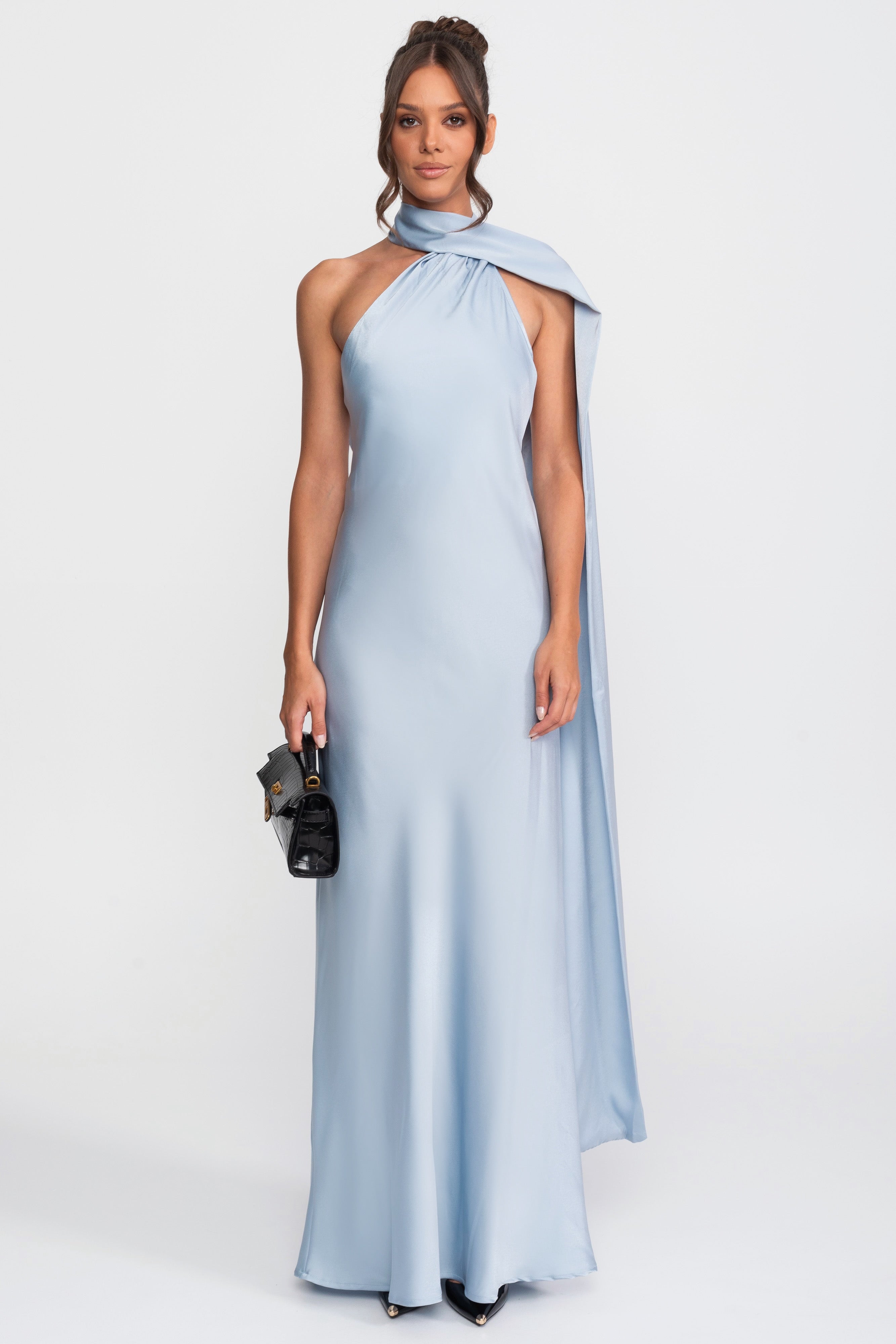 Robe nuisette en satin à col halter torsadé avec encolure asymétrique - Bleu 