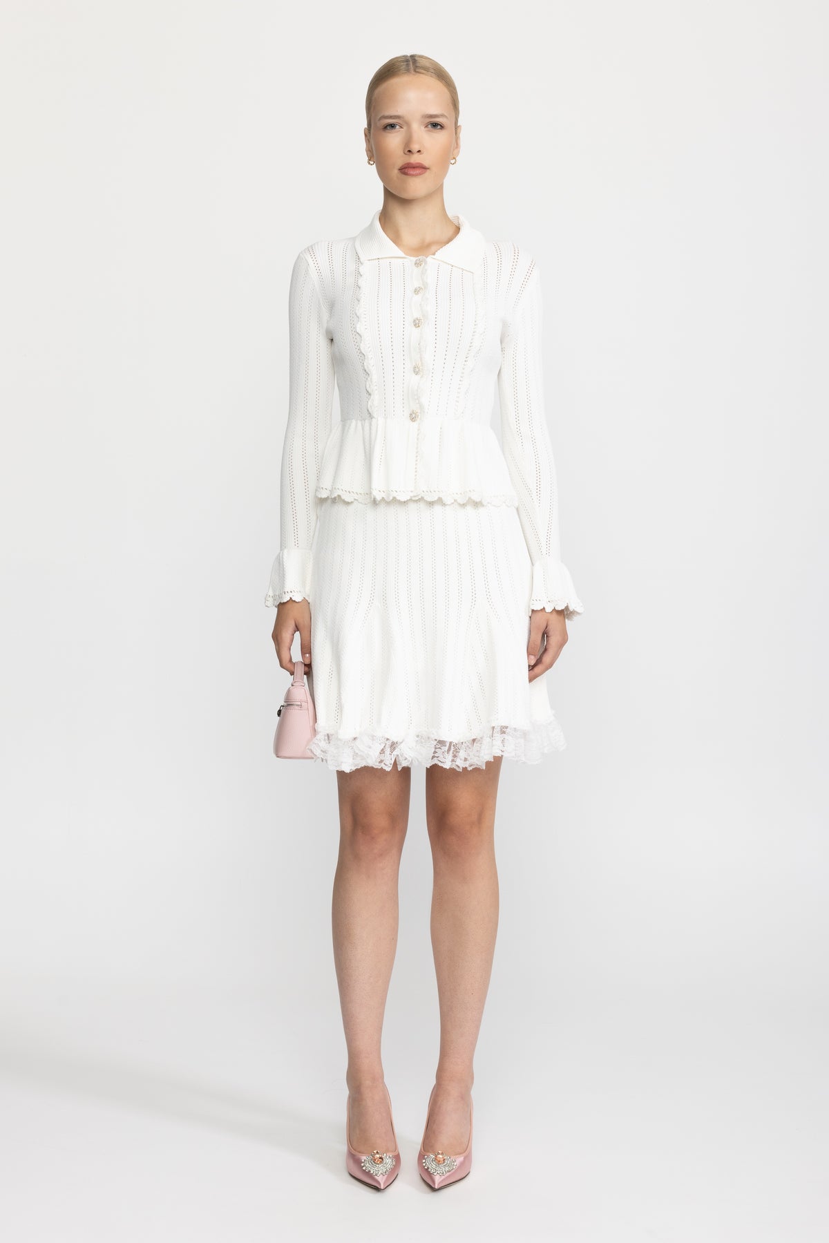 Ensemble coordonné cardigan péplum en maille pointelle et jupe à ourlet en dentelle - Blanc 