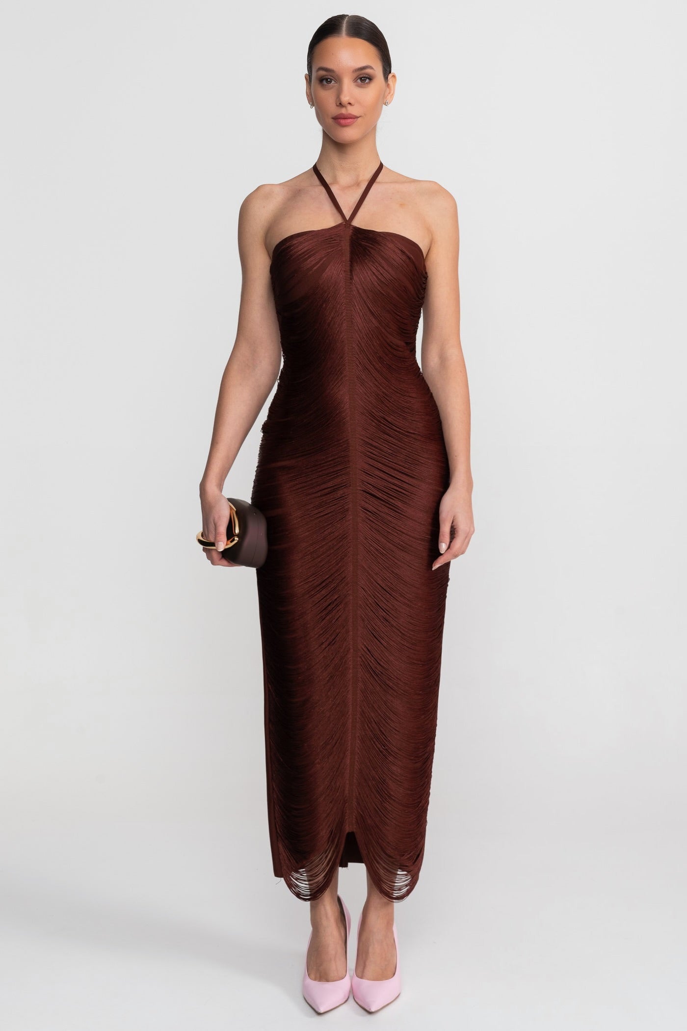 Robe Midi à Col Halter avec Texture Plissée Intégrale - Marron 