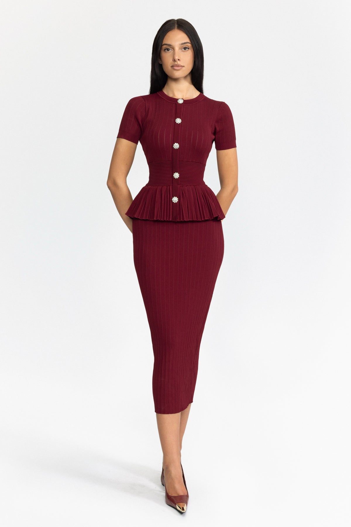 Robe midi crayon en maille à basque plissée - Wine 