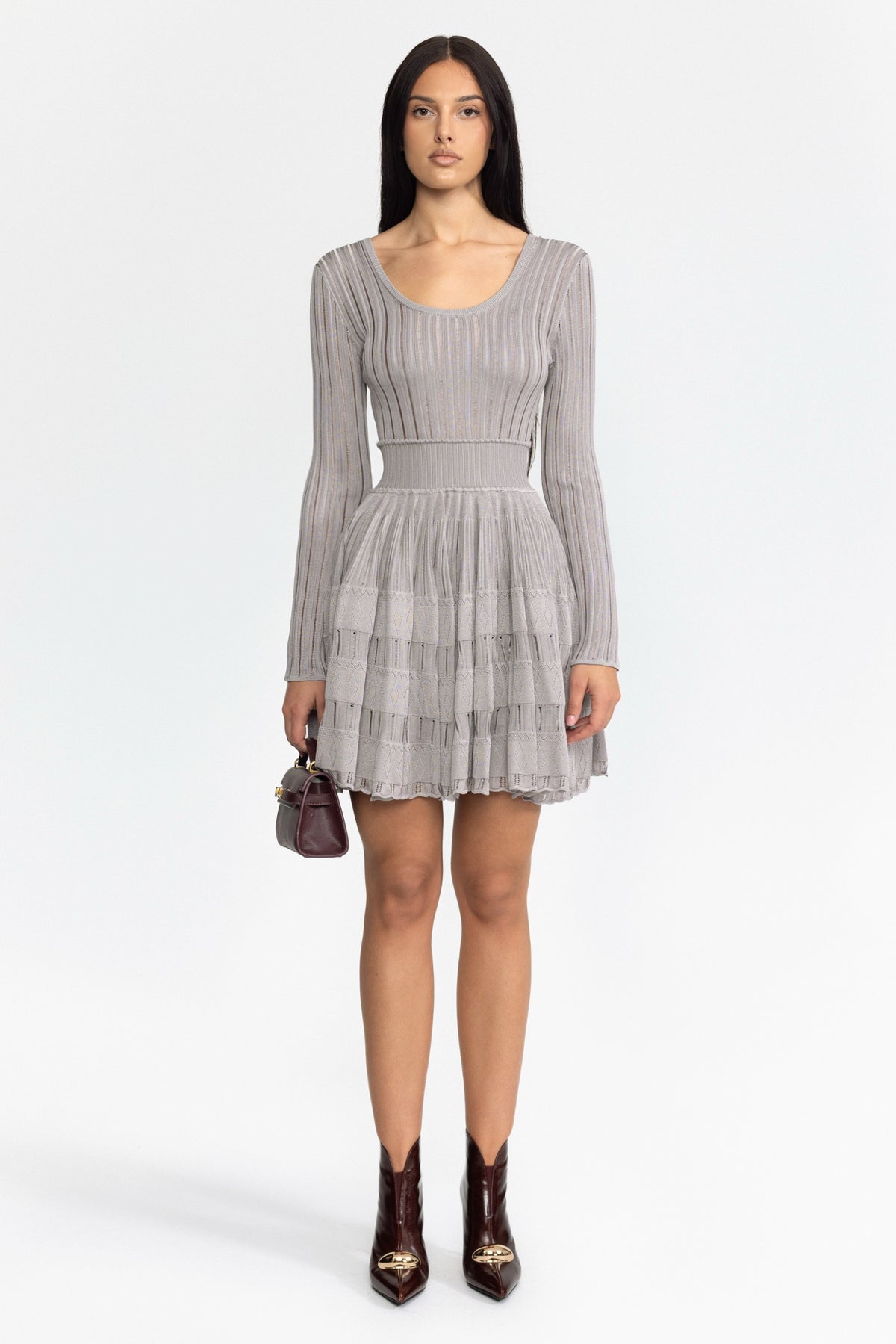 Robe patineuse mini à encolure dégagée en maille ajourée - Gris 