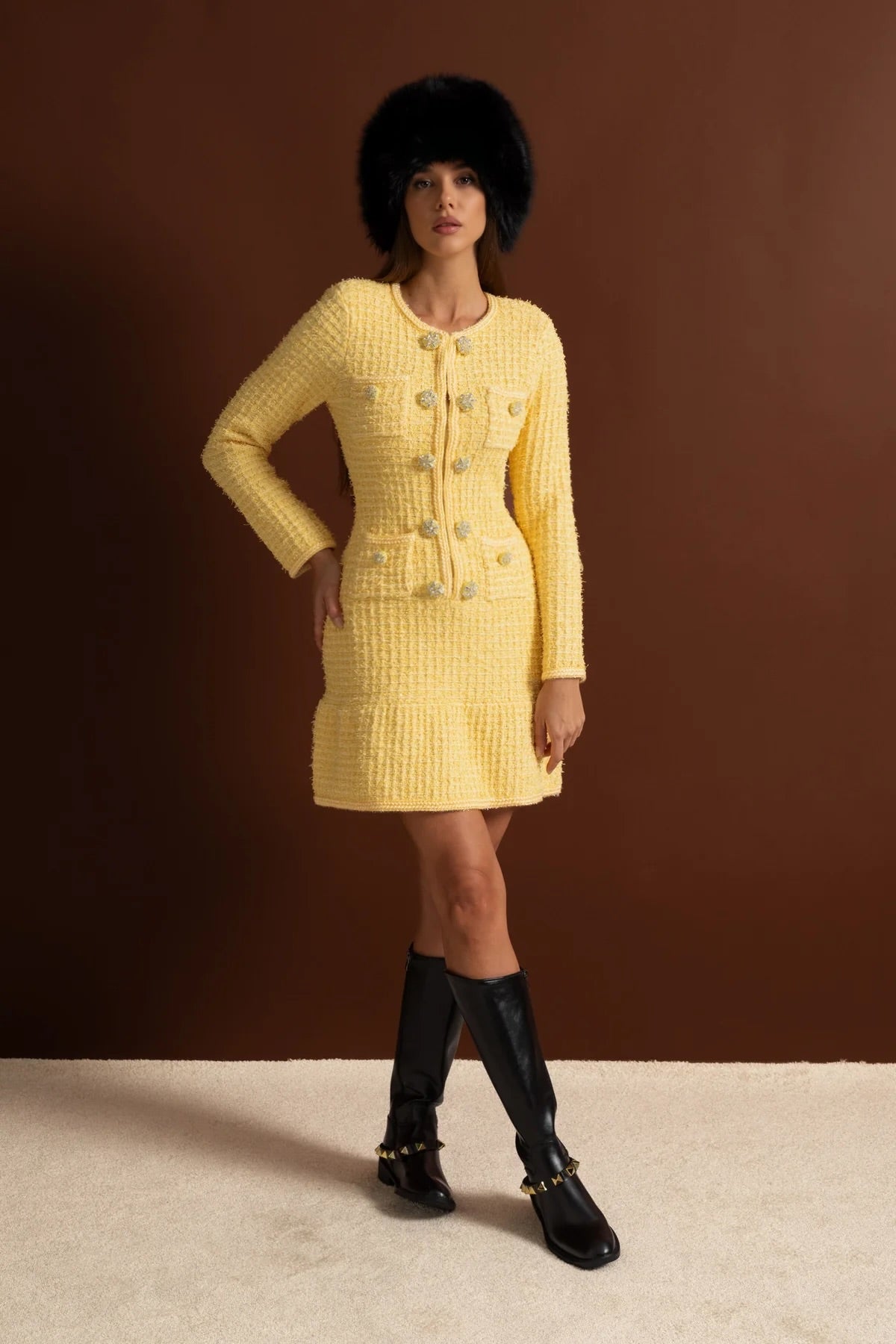 Long Sleeve Knee-Length Knitted Dress – Yellow