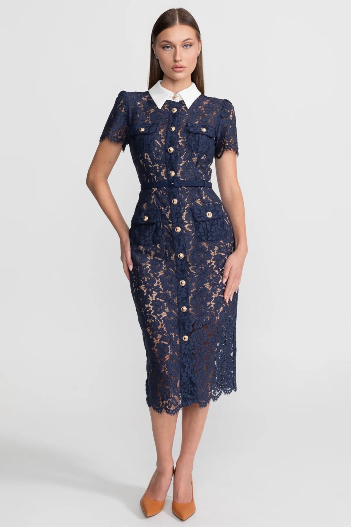 Floral Lace Midi Dress with Tailored Collar and Belted Waist - Navy