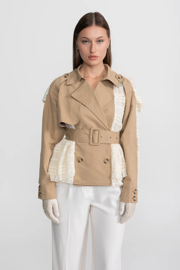 Veste Trench à Panneaux de Dentelle avec Ceinture – Beige 
