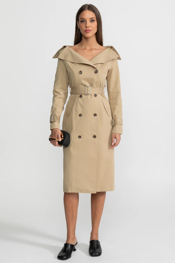 Robe trench-coat croisée à épaules dénudées avec taille ceinturée – Marron 