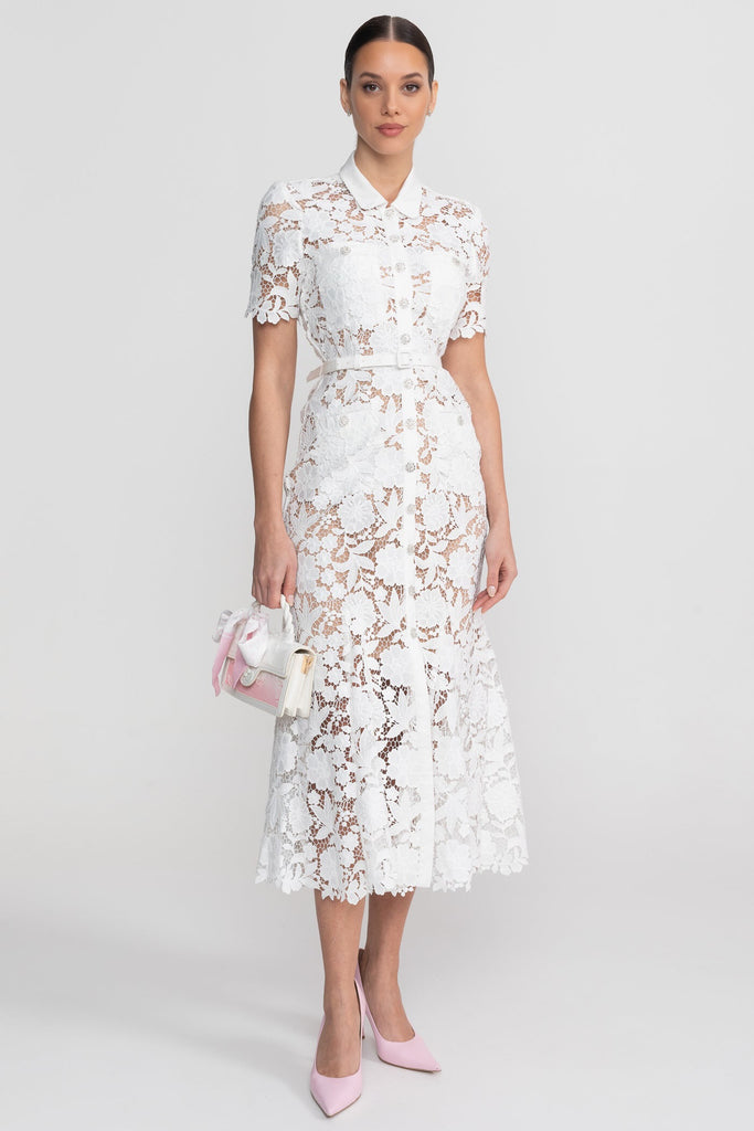 Robe midi à manches courtes en dentelle avec col chemise et taille ceinturée - Blanc 