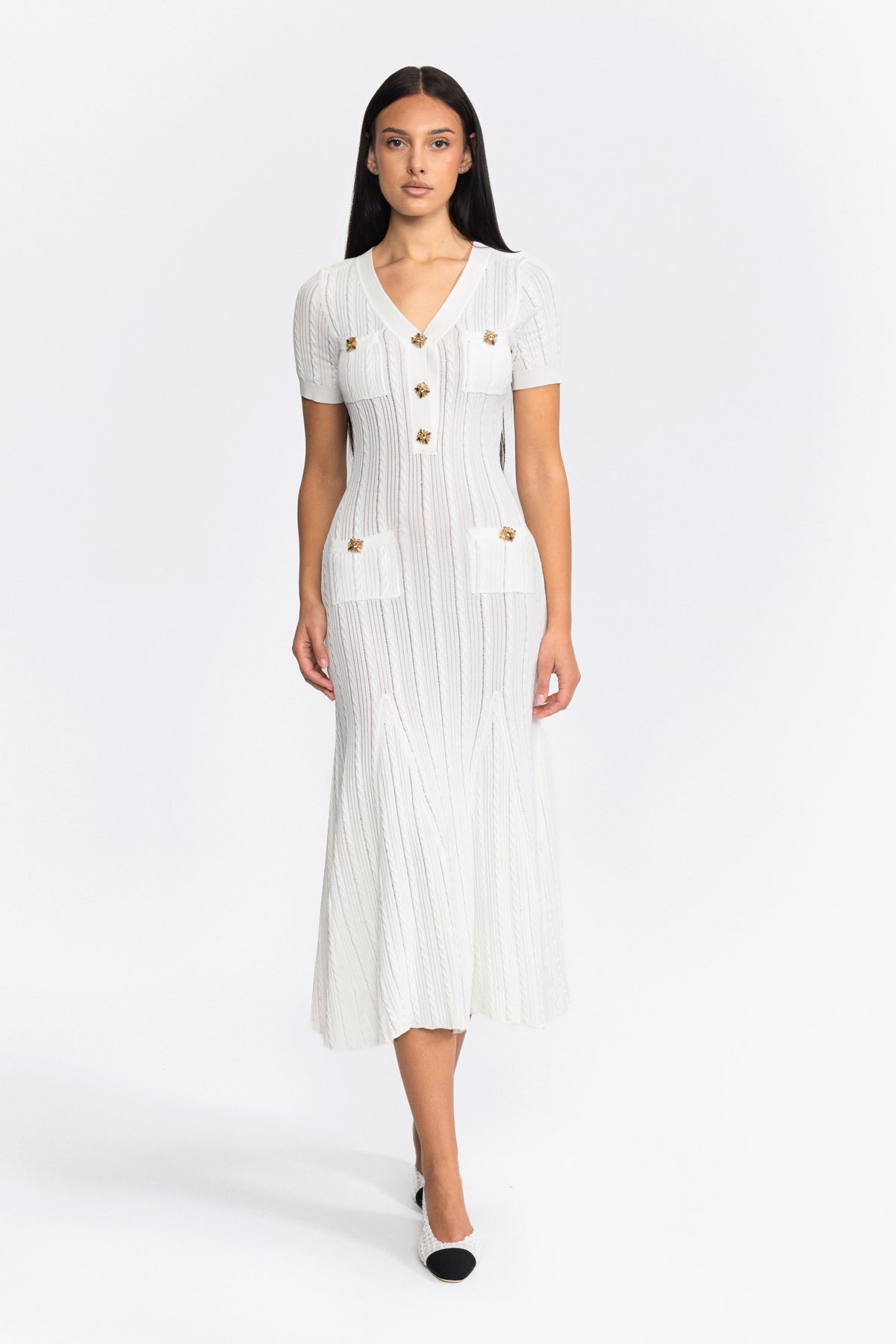 Cable Knit Jewel-Button Midi Dress - White