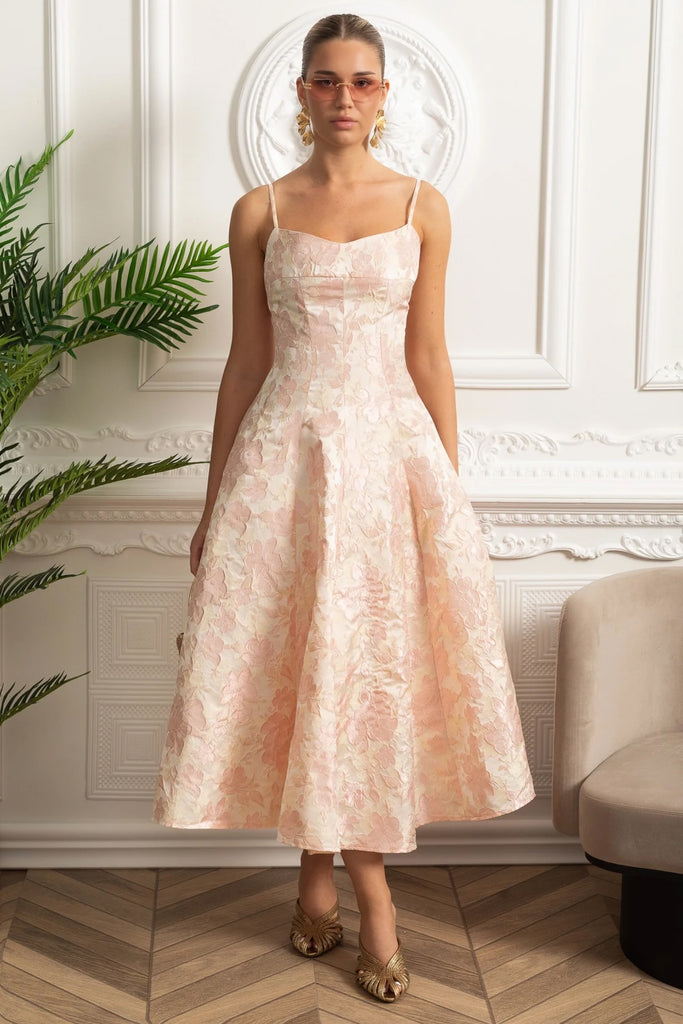 Robe Midi en Jacquard avec Motif Floral et Bretelles Spaghetti - Blush Pink 