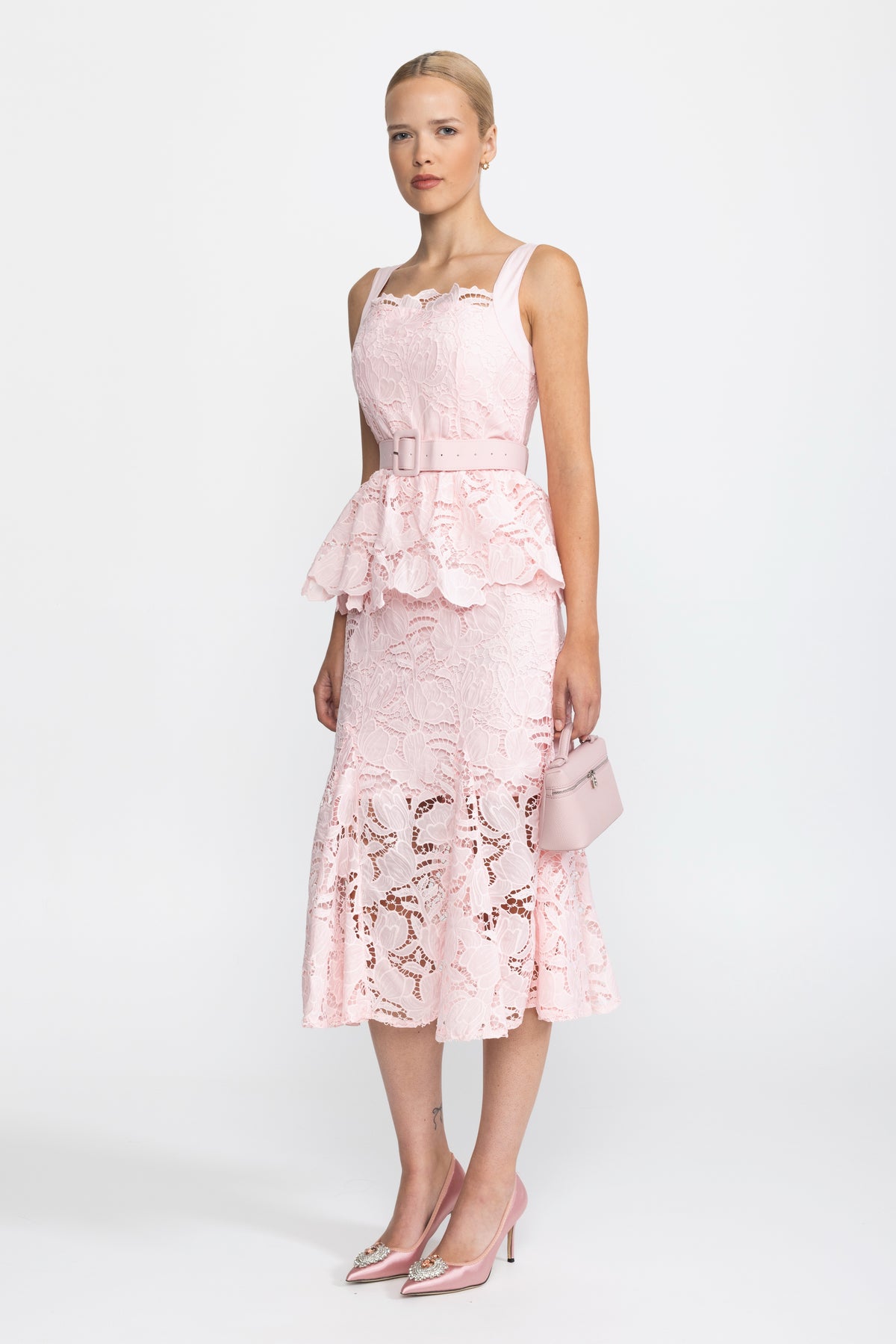 Robe midi à basque en dentelle guipure - Rose 