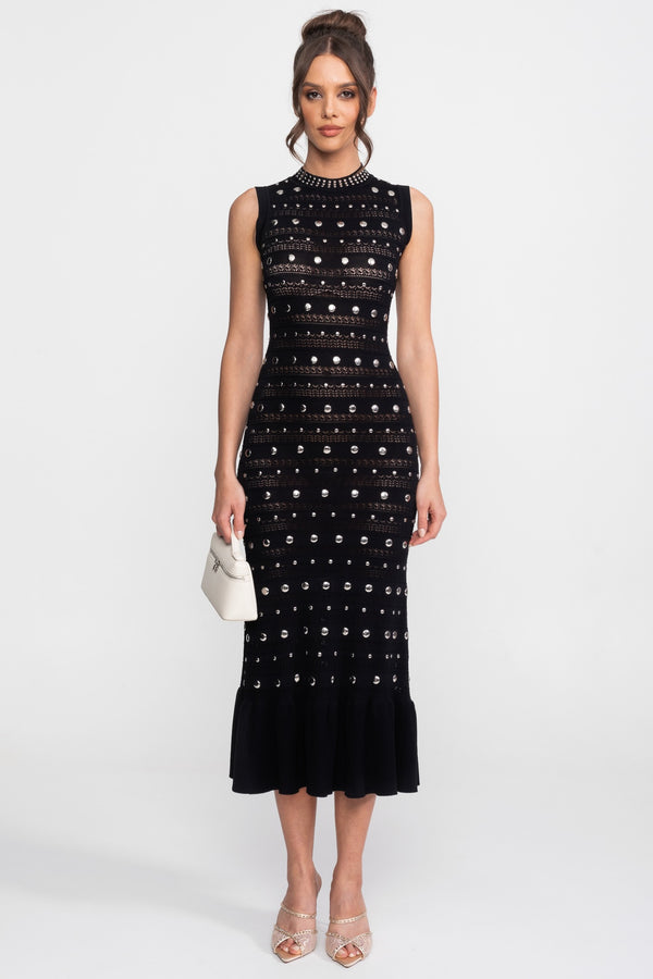 Robe midi en maille ornée avec col montant et ourlet à volants - Noir 