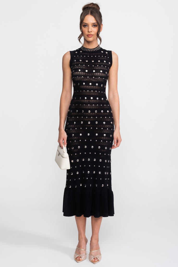 Robe midi en maille ornée avec col montant et ourlet à volants - Noir 