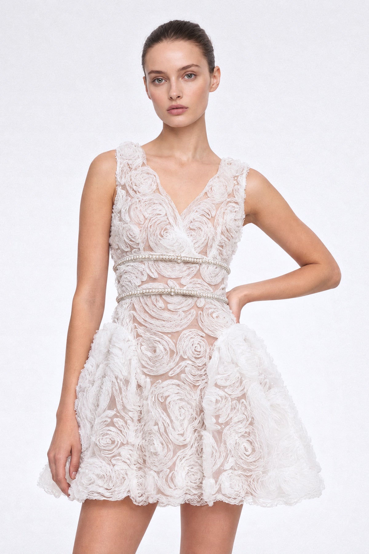 Rosette Embroidered Tulle Mini Dress - Ivoire