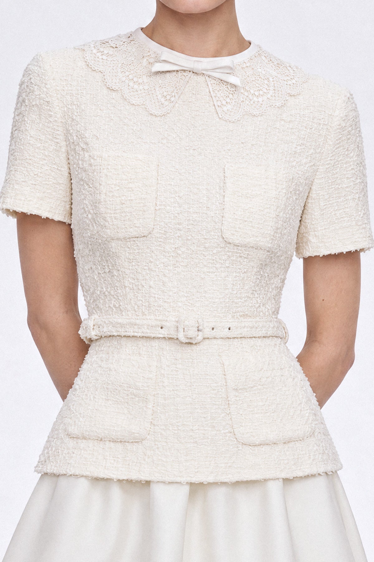 Tweed Peplum Midi Dress with Lace Collar - Ivoire