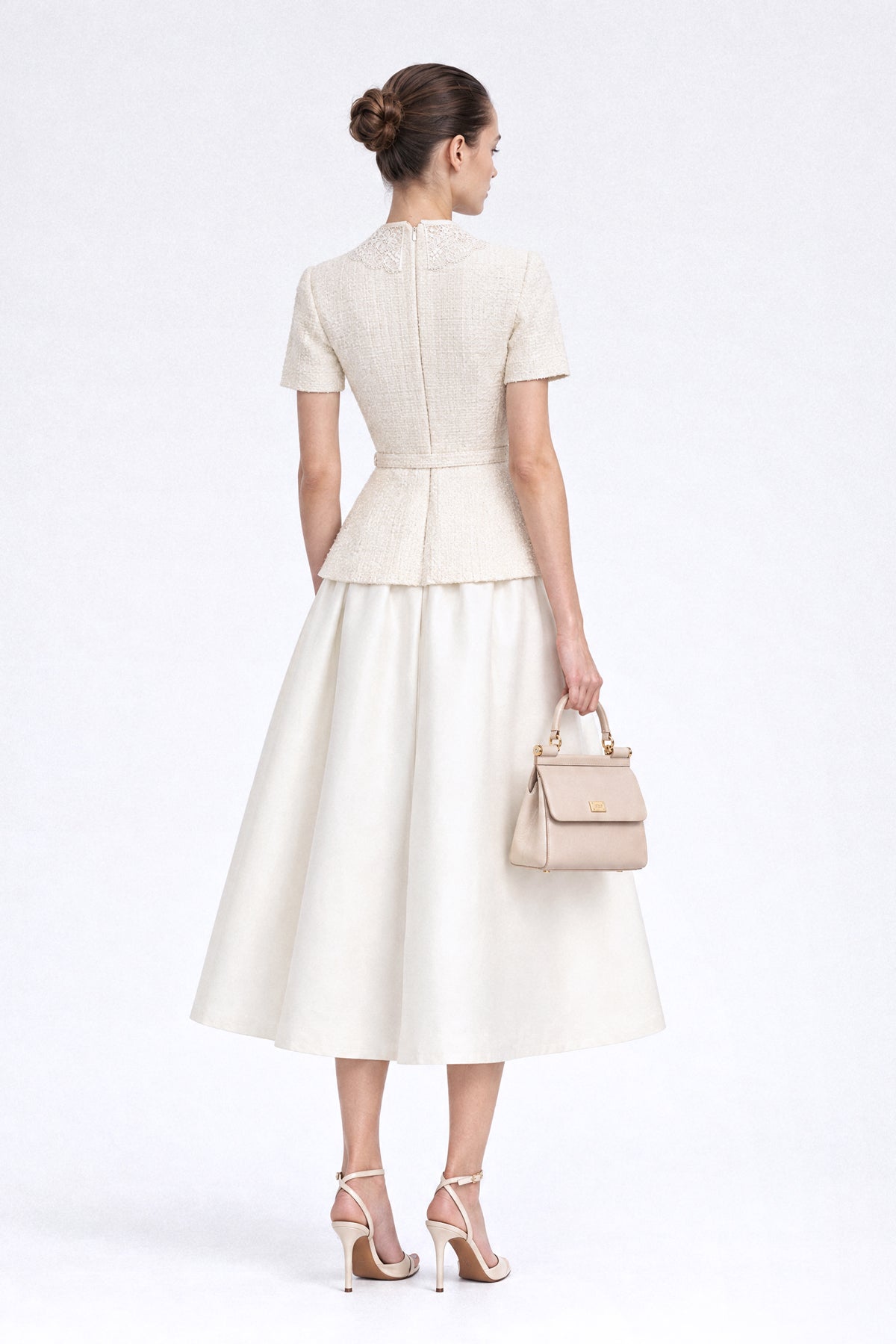 Tweed Peplum Midi Dress with Lace Collar - Ivoire