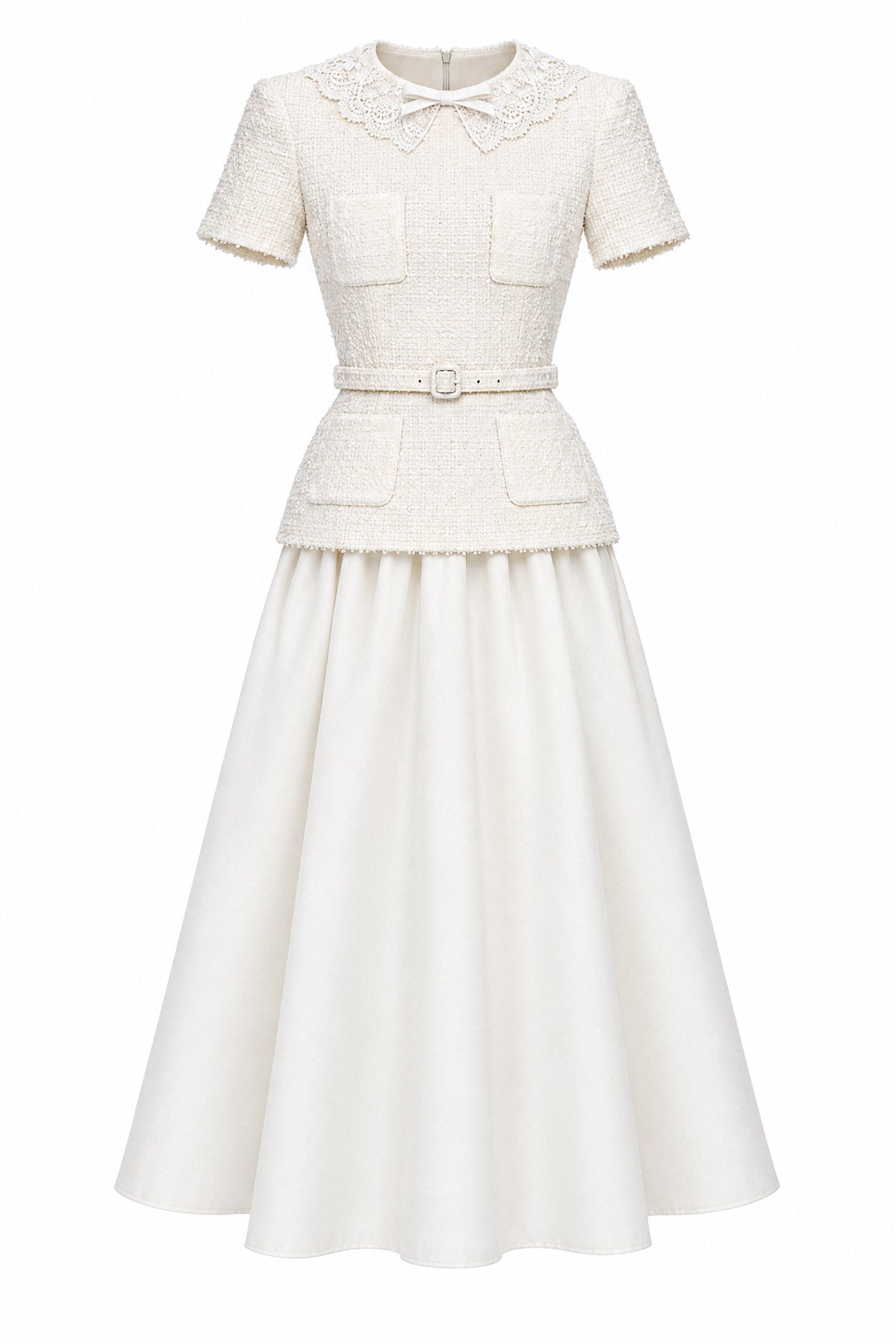 Tweed Peplum Midi Dress with Lace Collar - Ivoire