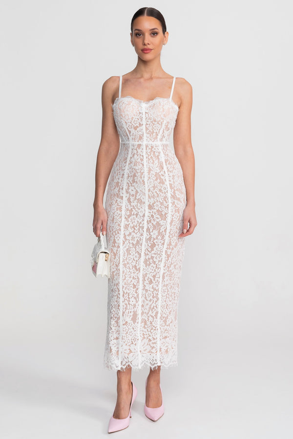Robe midi en dentelle avec corset transparent - Blanc 
