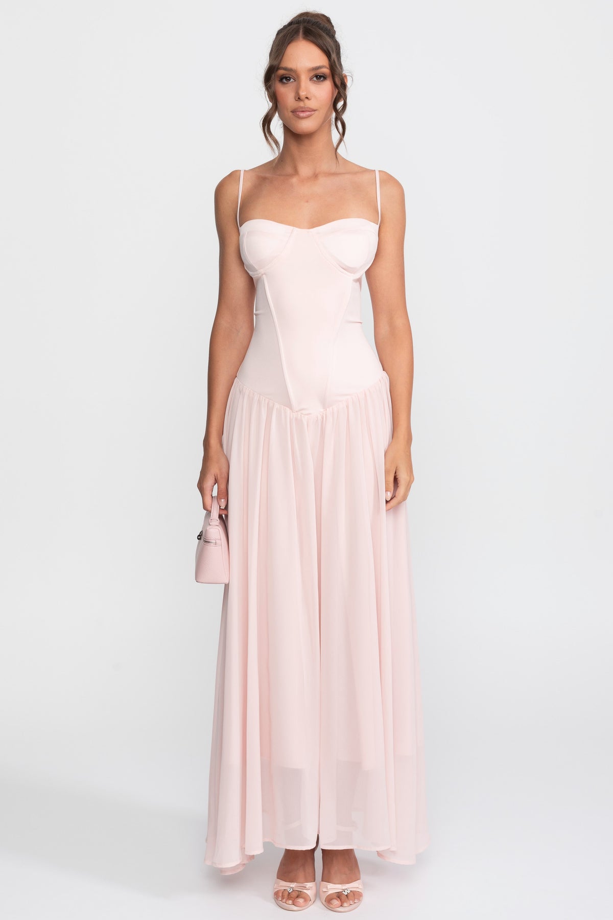 Robe en mousseline avec corsage corset et taille basse - Rose 
